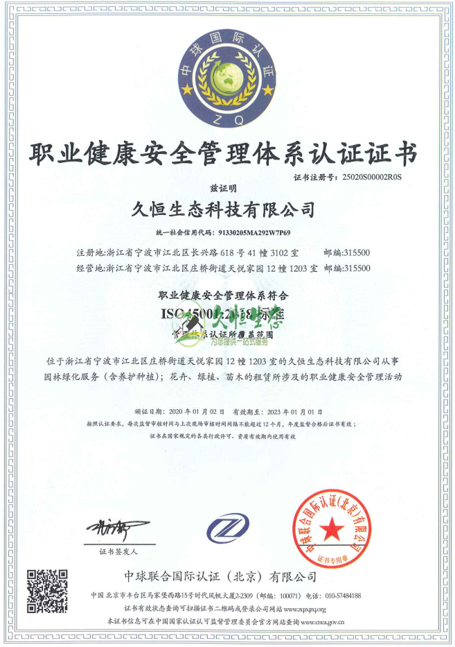 吴兴职业健康安全管理体系ISO45001证书